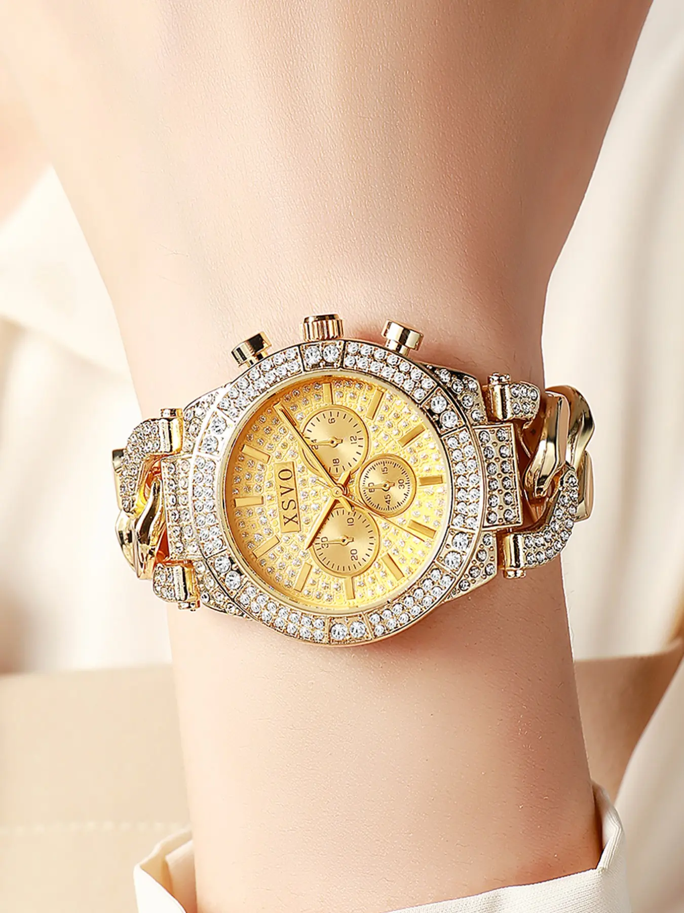 Xsvo Women's Watch, Full Diamond Three-Eye Design, Luxury Hip-Hop Style, Cuban Steel Band, Silver Color, Rose Gold, All Seasons