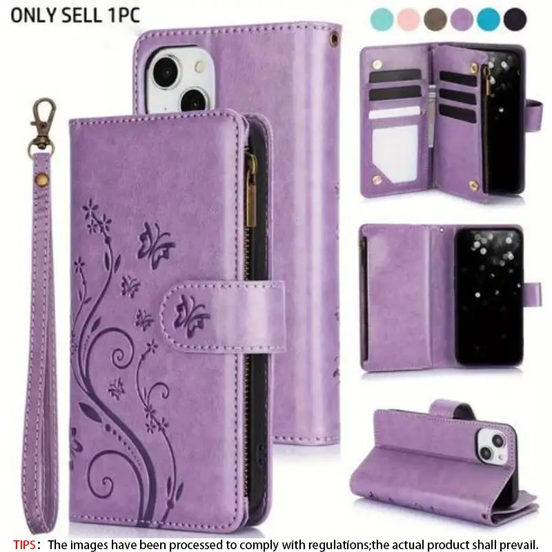 PU imitation leather wallet protective case with butterfly flower design, with zipper, suitable for various models of iPhone, including 17 Pro Max 17 Air 16E、16、15、14、13、12 Mini、11 Pro、X、XS Max、XR、8、7 Plus、SE, Pu Leather Cover