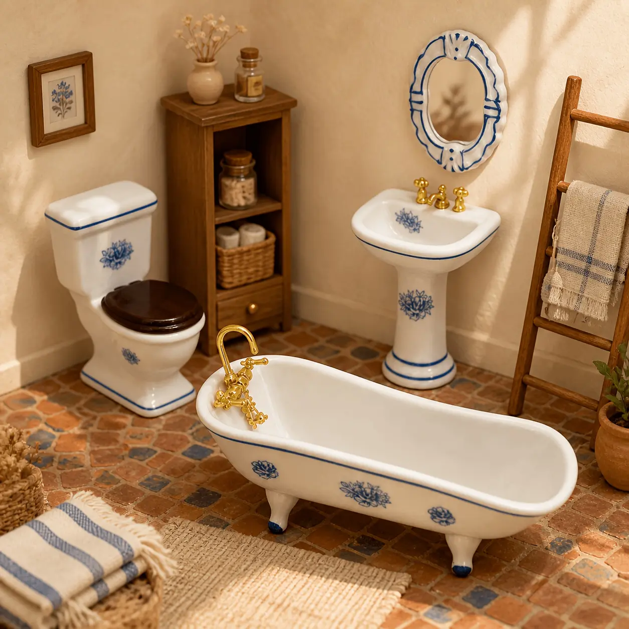 Dollhouse Mini Blue Floral Bathroom Set with Bathtub Toilet Sink Mirror DIY Scene Furniture Decor Christmas Easter New Year Gift