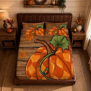 Pumpkin Autumn Fitted Sheet 3-piece Set (1 Fitted Sheet + 2 Pillowcases, No Inserts), Deep Pocket Design, Soft Breathable Microfiber Bedding, for Farmhouse Autumn Decor, Thanksgiving Home Gift
