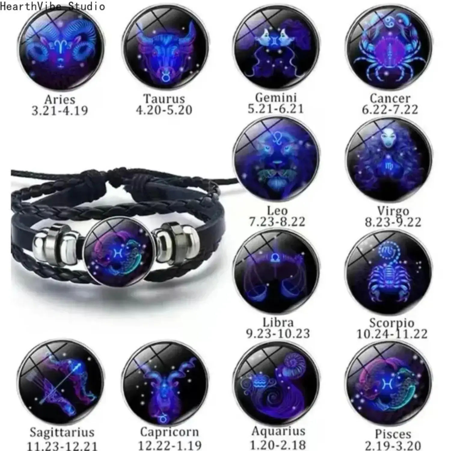 Zodiac Signs Spirit Bracelet - Glow-in-the-Dark Black Leather Constellation Wrap Bracelet with Energy, Personal Lucky Charm, Zodiac Pattern