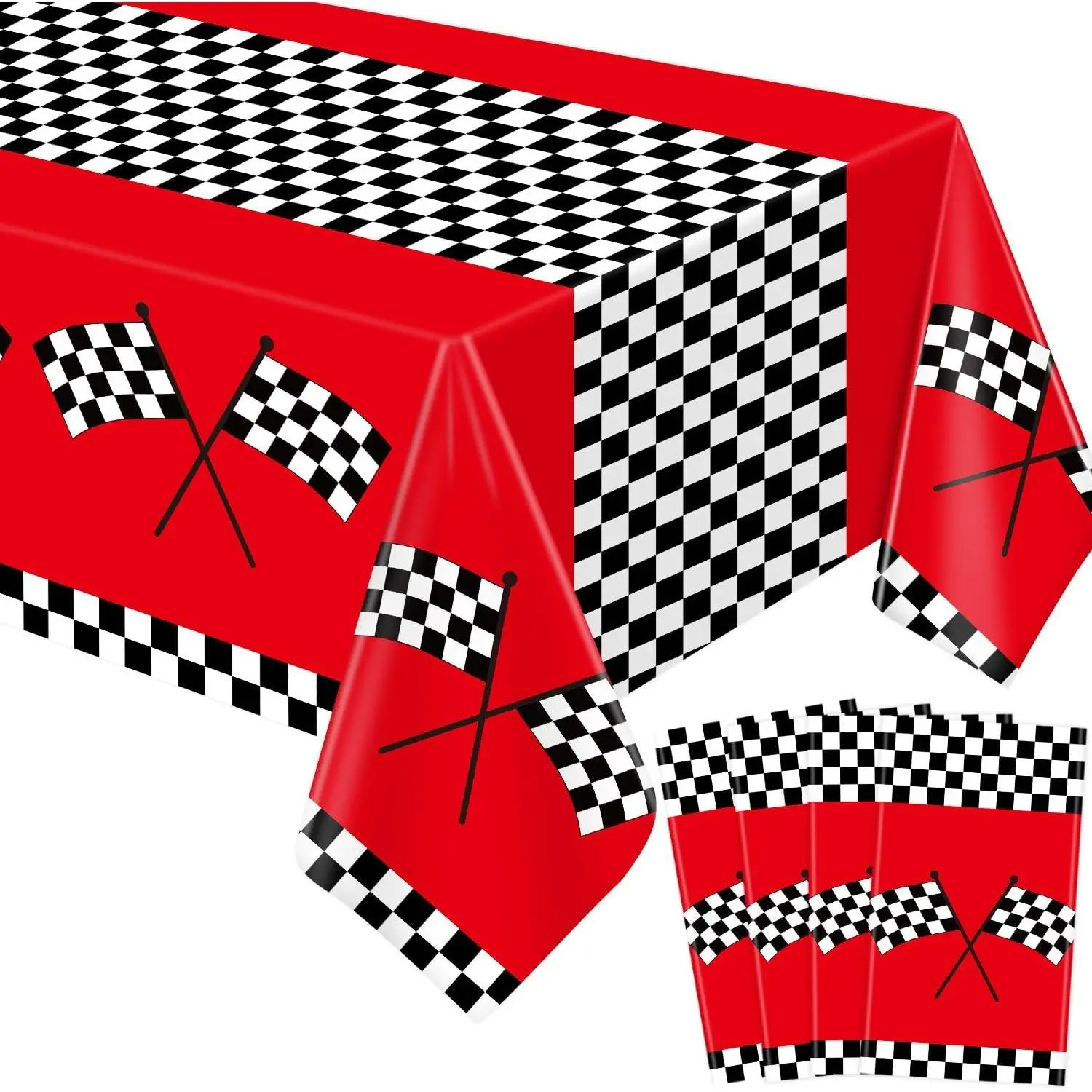 4Pcs Red Racing Car Themed Large Rectangle Table Covers - Black White Checkerboard Design, 86x51in, for Kids’ Parties, Birthday Events Decorations