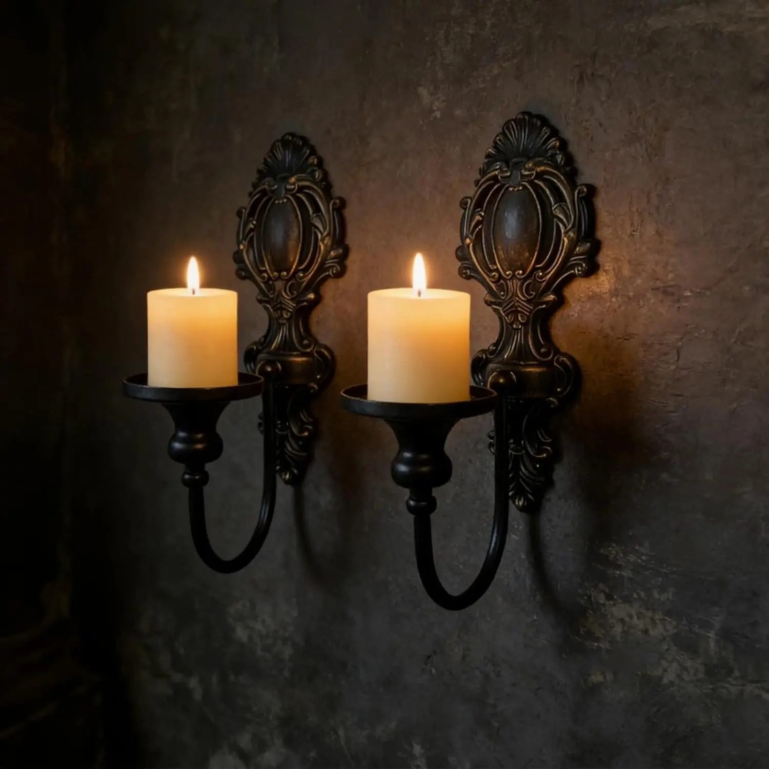 Candle Holder Wall Sconces Set of 2 - Gothic Vintage Black Wrought Iron, Medieval Victorian Wall Decorations for Candles, Living Room Bathroom Entryway Halloween Rustic Home