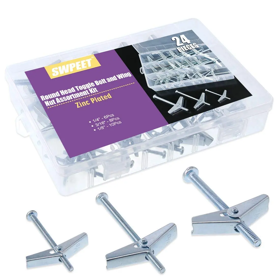 24 count Toggle Bolt and Wing Nut Kit for  Heavy Items  Drywall - 1/8 Inch, 3/16Inch, 1/4Inch