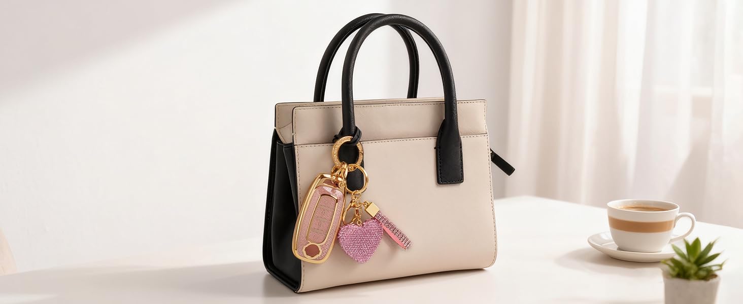 4 Button Key Fob Cover with Diamond, Compatible with Nissan Rogue Pathfinder Versa Kicks Ariya Sentra etc, Sparkling TPU Key Case and Bling Heart Decoration for Women, A-Style (Pink)