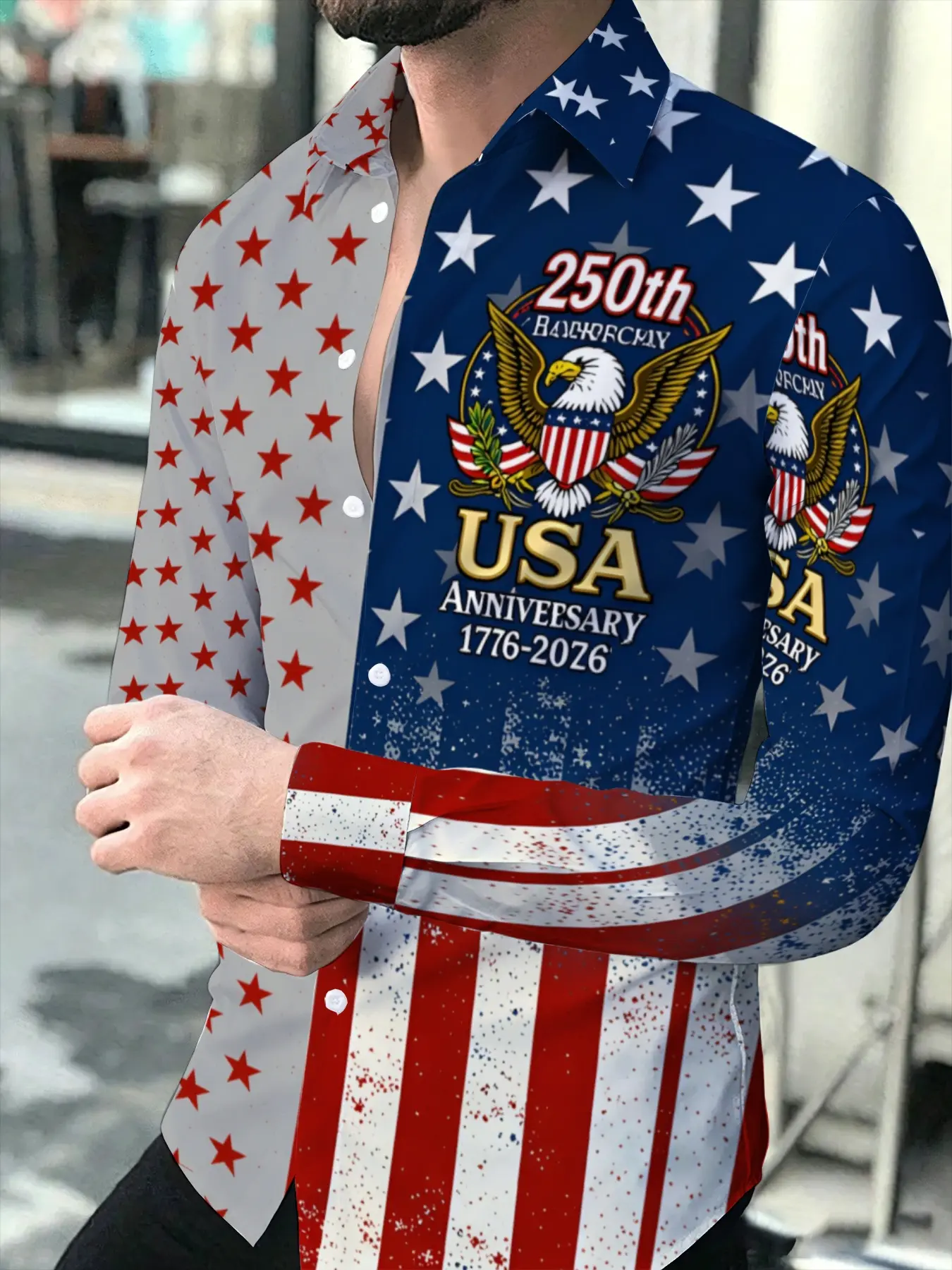Men's 250th Anniversary Independence Day Commemorative Long Sleeve Shirt American Flag Element Eagle Print Casual Top, Suitable for leisure and sports scenarios