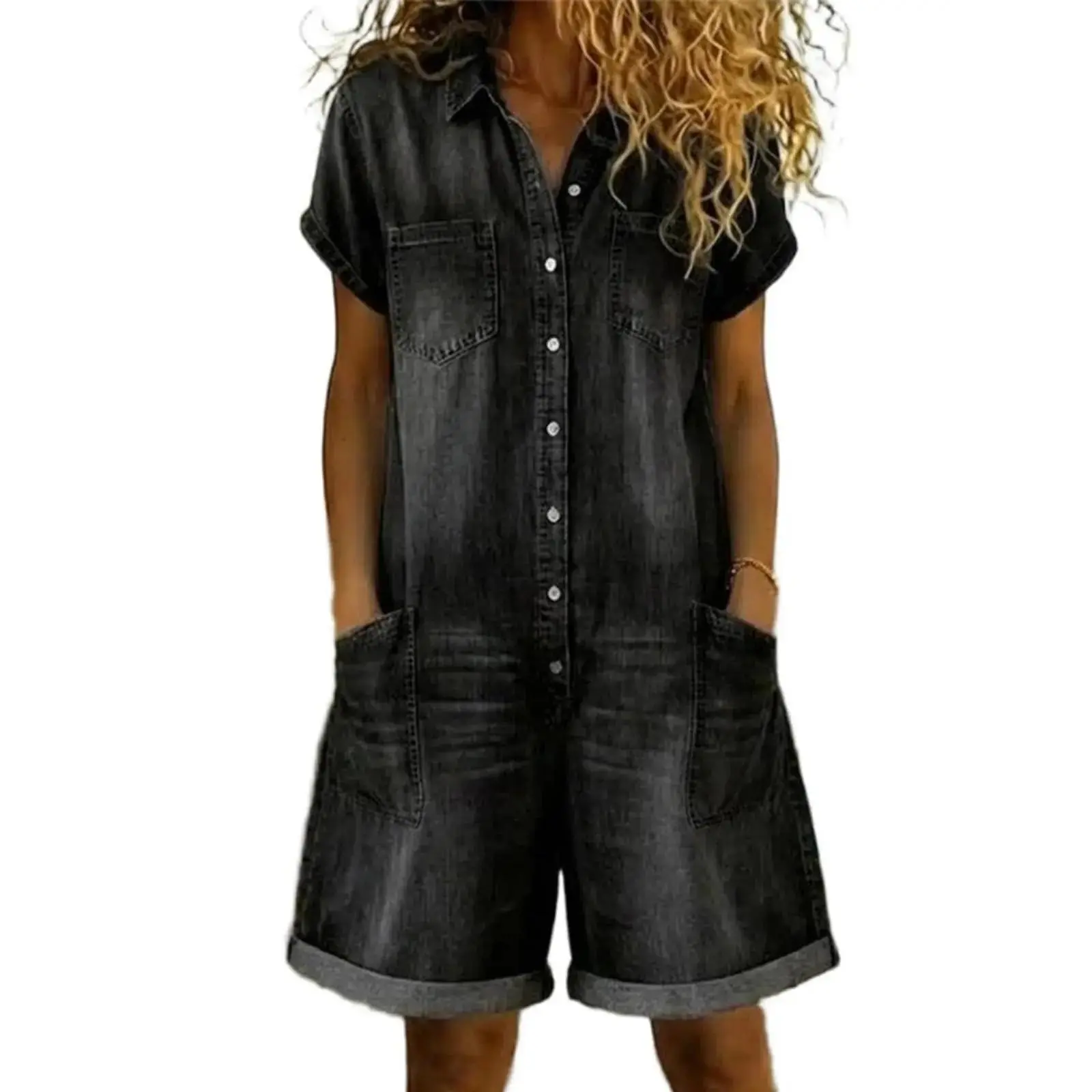 Women's Denim Overalls - Short-Sleeve, Collared, Button-Front, Vintage Wash, Utility Wide-Leg, Polyamide Casual Streetwear Set