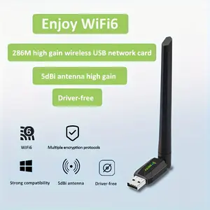 USB 286Mbps WiFi6 wireless adapter, wireless LAN card adapter, WiFi dongle for desktop and laptop computers, 2.4GHz, supports 802.11ax wireless protocol, strong 2.4GHz penetration, longer transmission range, better coverage, superior wall-penetrating perf