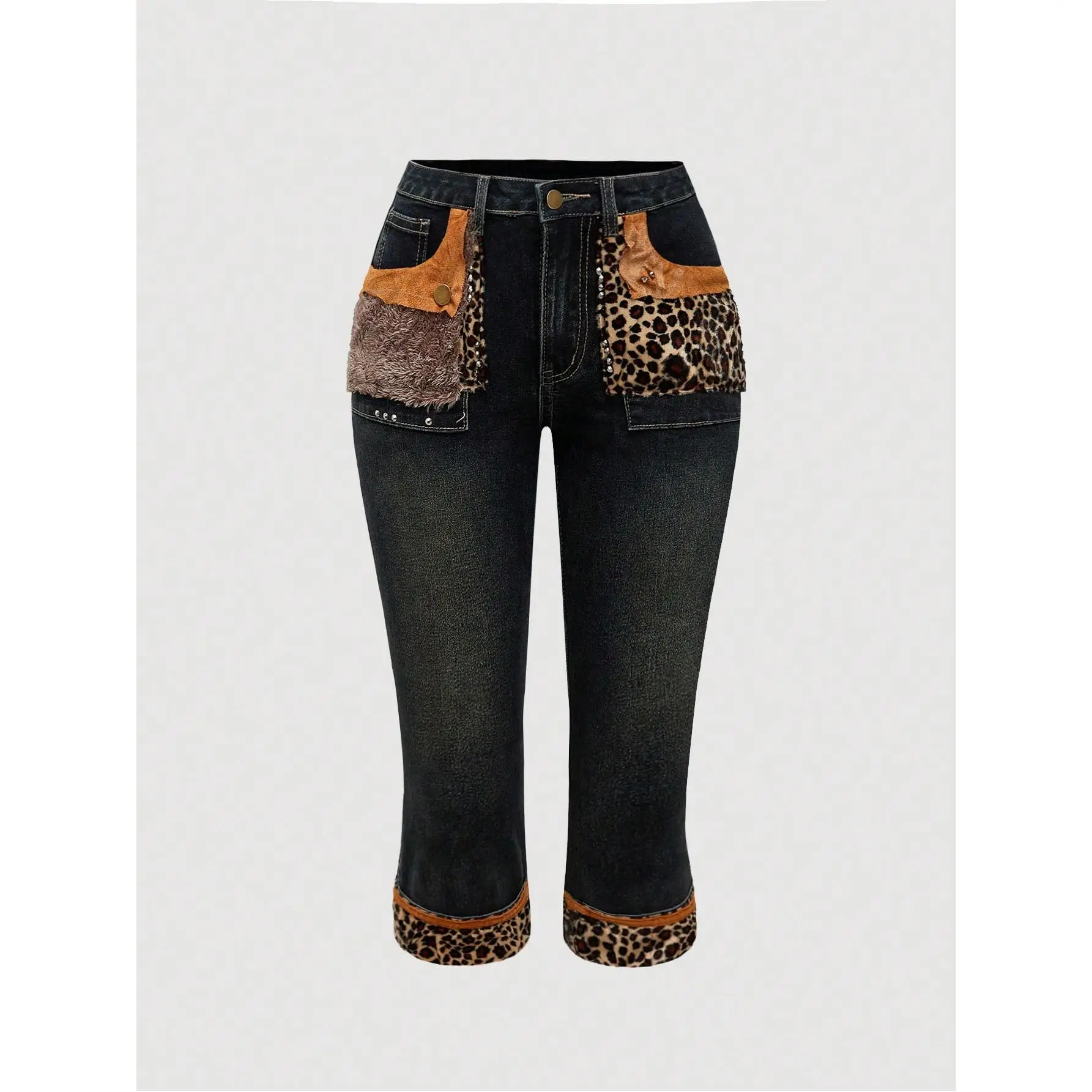 Leopard Faux Fur Skinny Jeans Y2k Low Rise Capris Denim Pants Streetwear