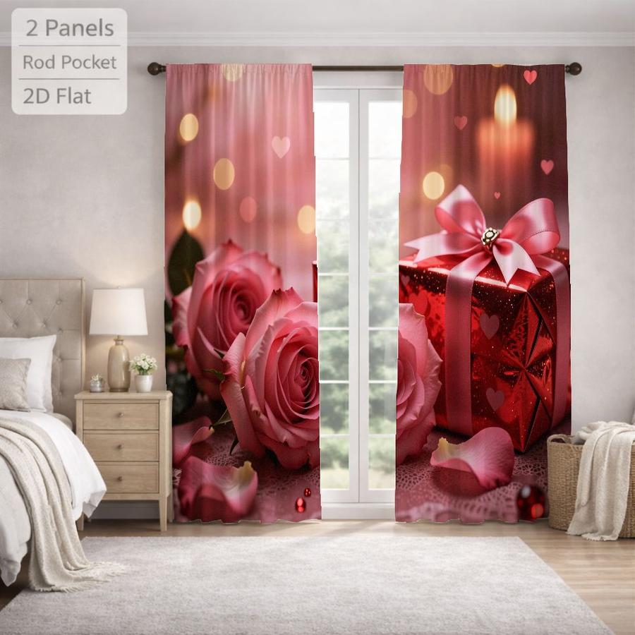 2Pcs Romantic Pink Rose Flower Gift Box Sun Blocking Curtains Digital Printed Rod Pocket, Window Treatment For Bedroom Office Kitchen Living Room Study Home Decor
