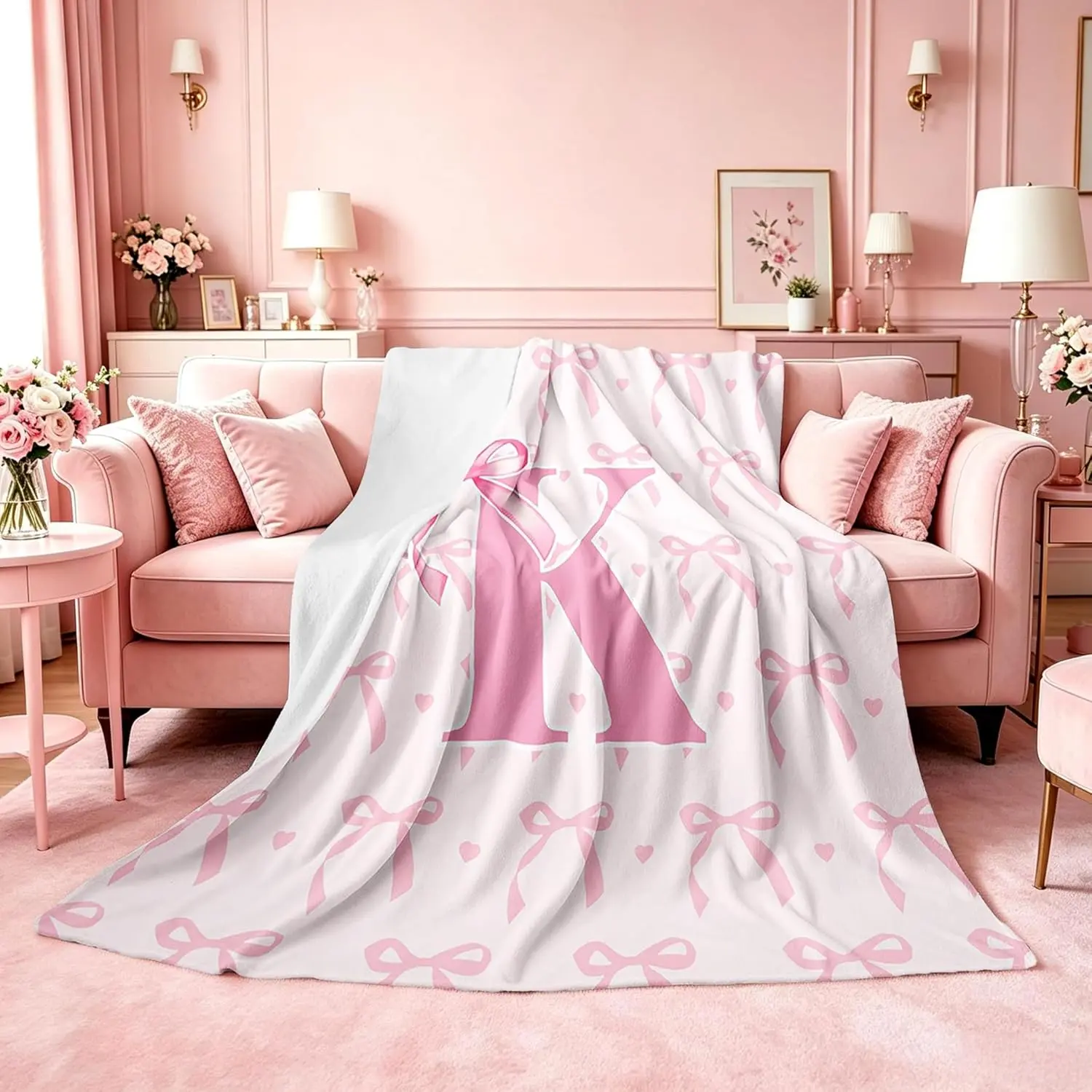 Cute Pink Bow Gifts Flannel Throw Blanket ,Personalized Letter K Girls Flannel Blanket Plush Fuzzy,Cute Coquette Bow Knot Soft for Bed Couch Chair,Initial Letter K Monogrammed