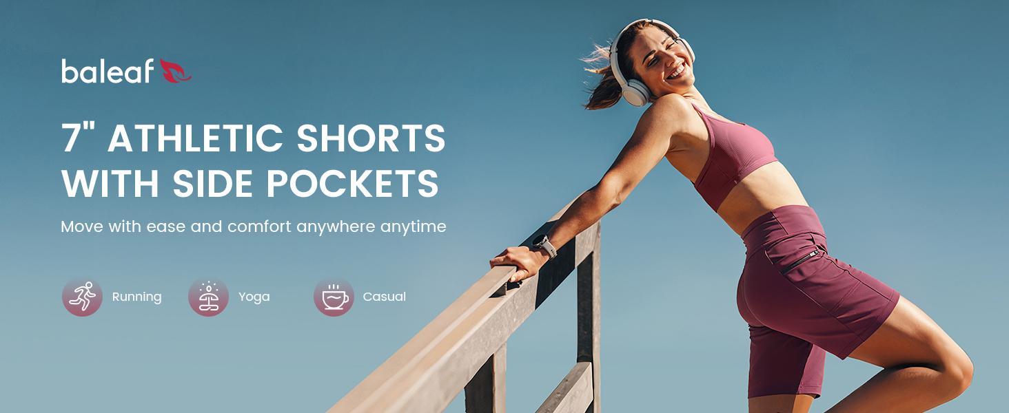 Baleaf Women's 7" High Waisted Bermuda Shorts Athletic Running Long Shorts with Zipper Pockets Stretchy Activewear for Gym Workout Hiking