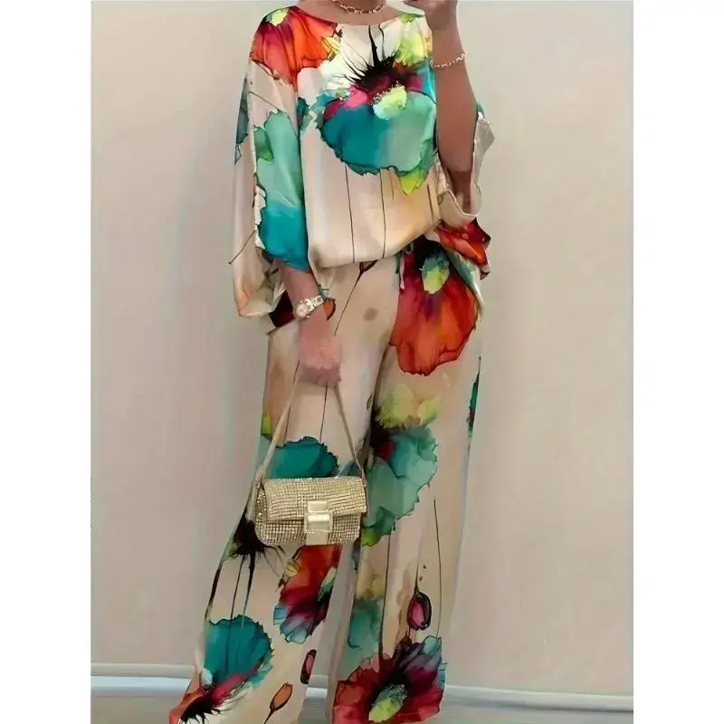 Women's elegant printed satin two-piece set: round neck top and wide leg pants(Sheets)