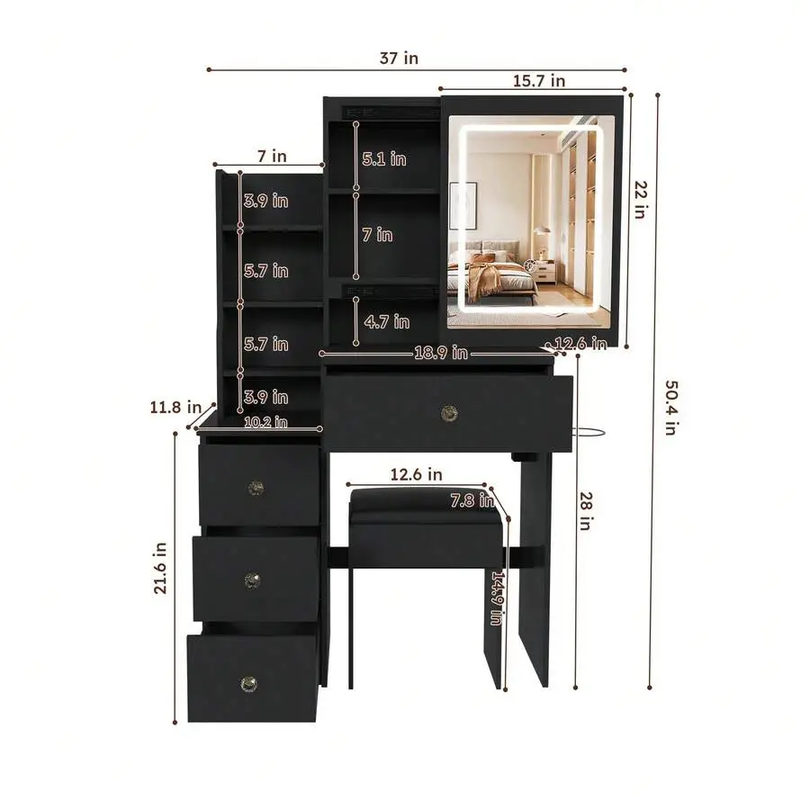 Black Sturdy Modern MDF Vanity Table and Chair Set - Medium Vanity Desk with 3-Color Adjustable LED Lighting Mirror, Power Outlet, 4 Drawers, Open Storage Shelves, Hair Dryer Holder