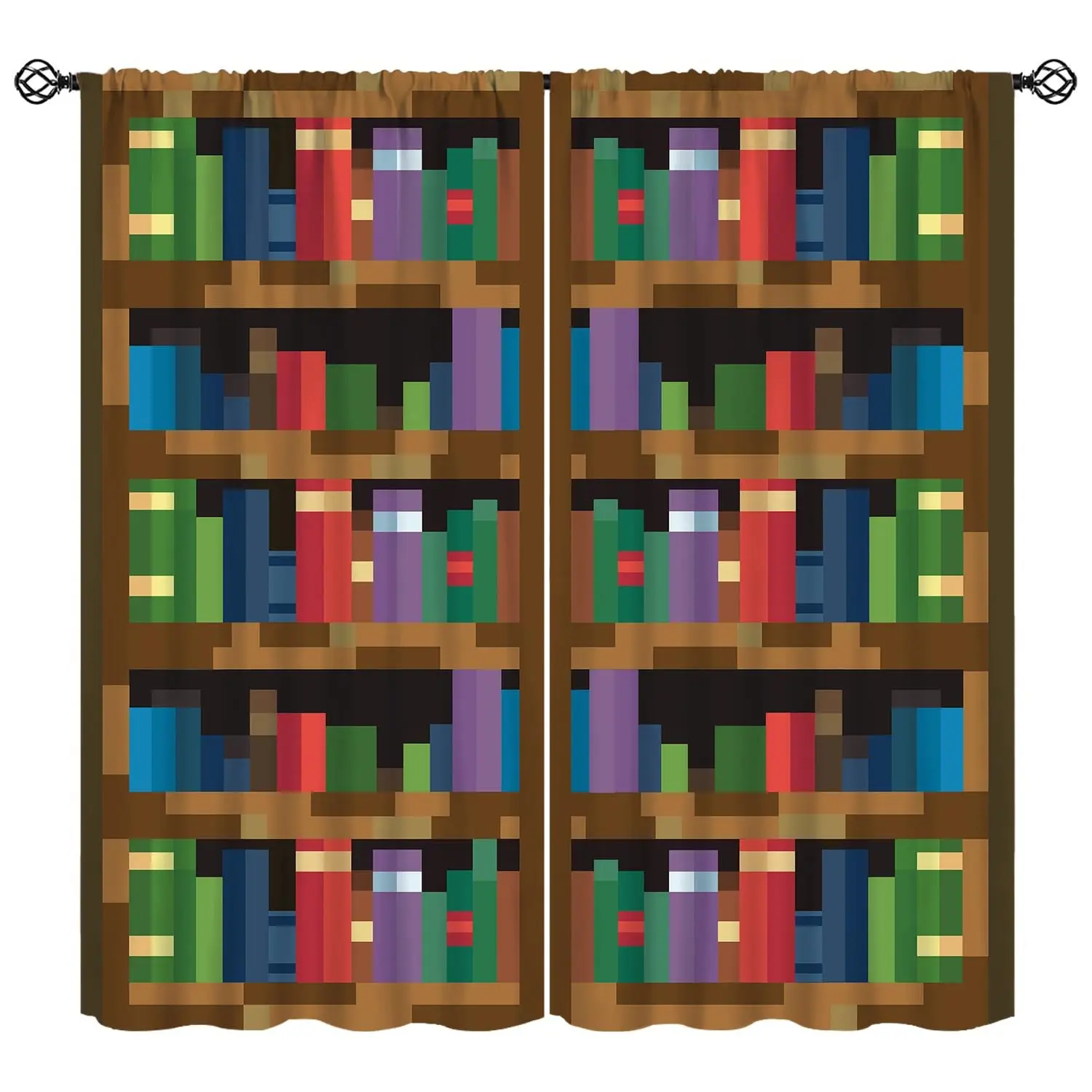 Kids Pixelated Bookshelf Curtain, Pixel Art Style Game Concept Rod Pocket Window Drapes, Decorative Window Treatments for Girls Boys Bedroom Playroom, 42x54in