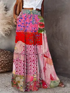 Boho Bohemian Print High Waist Drawstring Midi Skirt, Summer Beach Vacation Dress, Loose Fit Multicolor Floral Long Skirt, Plus Size Casual Fairy Skirt
