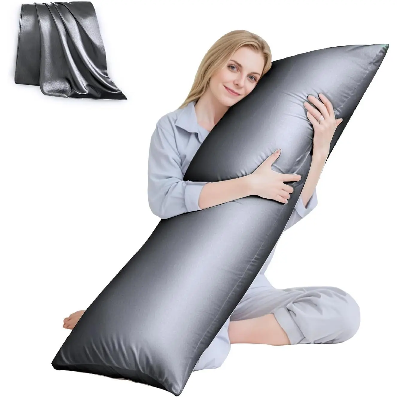 Pillow with Satin Pillowcase,  Pillow for Adults, Grey | 20"x54", Removable Cover, OEKO-TEX Certified Down Alternative Filling,Washing Machine