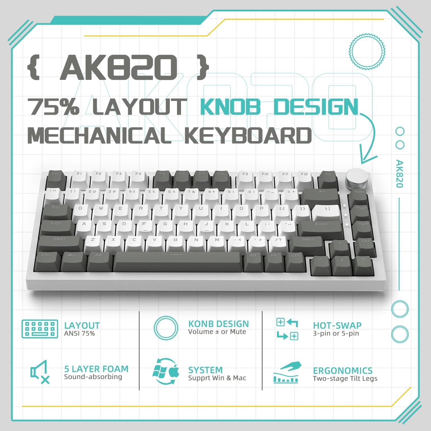 AJAZZ AK820 wired gaming mechanical keyboard is a must-have for esports gamers in the office. It comes in multiple colors and can be selected with full key hot swappable Gasket structure and metal adjustment knob. FN multimedia function is plug and play