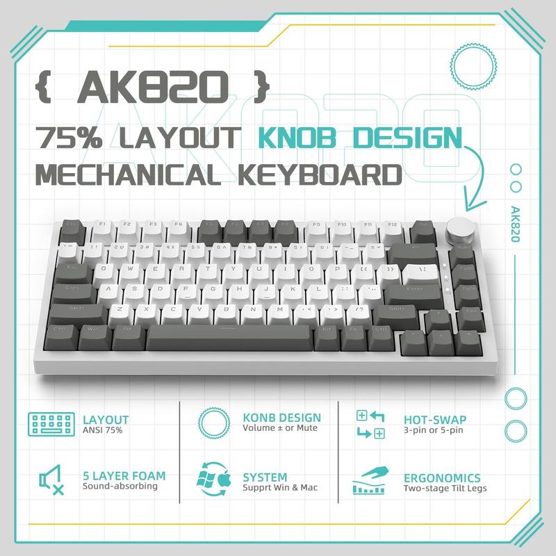 Ajazz AK820 Wired Office Mechanical Gaming Keyboard, 75% Layout Full-Key Hot-Swappable Gasket Structure with Luminous Metal Volume Knob and FN Multimedia Functions, Ergonomic Durable Plug-and-Play E-Sports Keyboard for Computer and Office