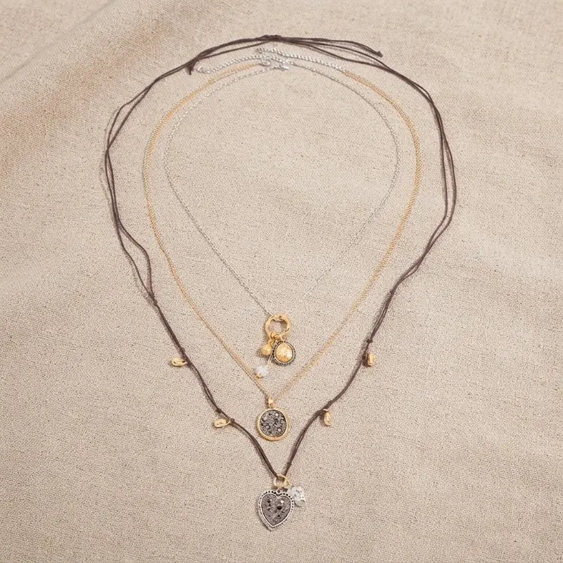 Women's Vintage Boho Pendant Necklace - Eclectic Layered Statement Jewelry with Mixed-Tone Wax Cord, Heart Charm for Boho Outfits, Casual Chain, Female Wear, Jewelry For Women, Metal Coating, Chain & Link, Boho Mix, Everyday Wear