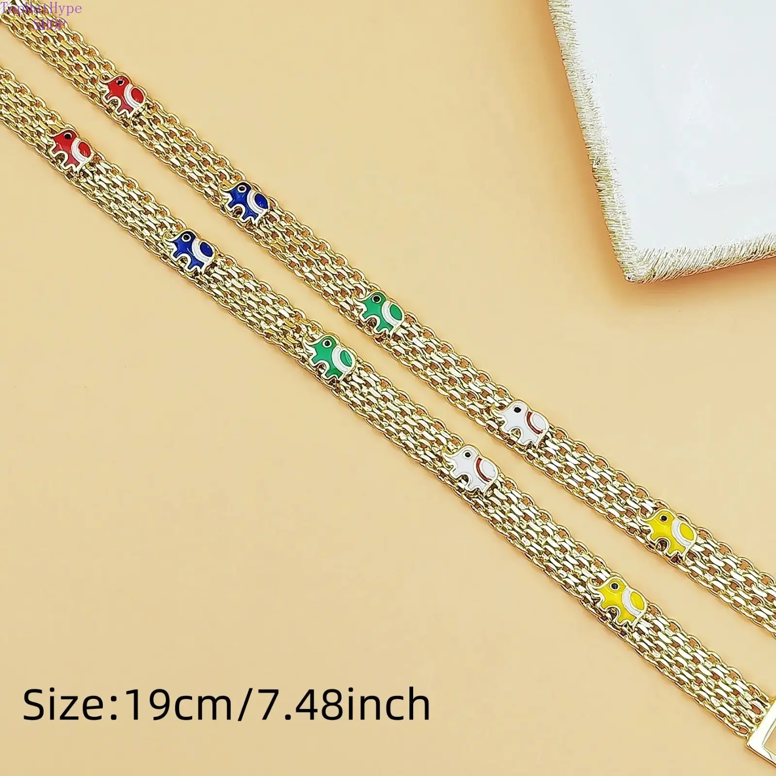14K Gold Plated Multi-Layer Chain Bracelet with Colorful Enamel Lucky Elephant Charms - Good Luck Statement Jewelry for Women