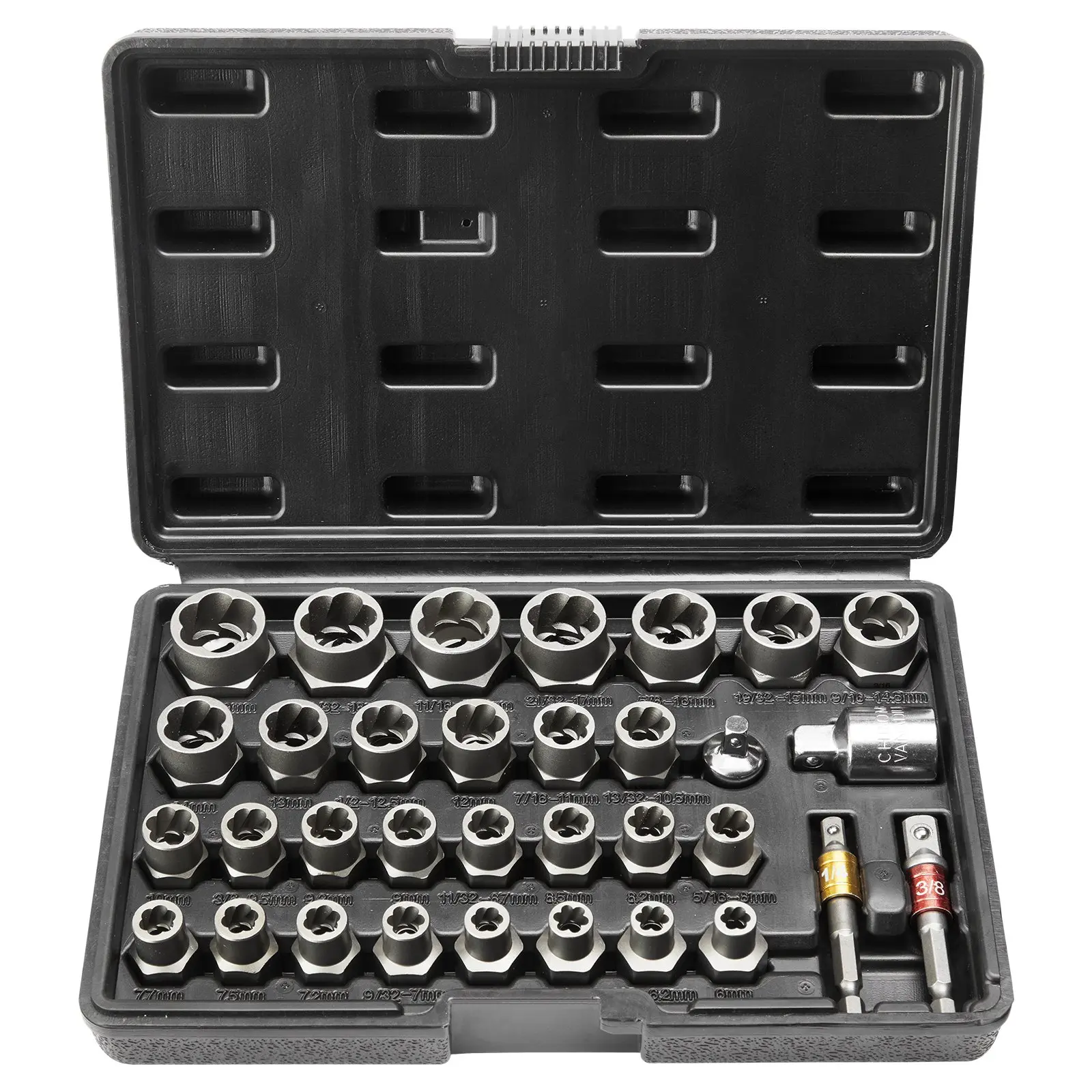 【DealsForYouDays】VEVOR Bolt Extractor Set, 29-Piece Bolt and Nut Remover Set, 6mm to 10mm, 13/32" to 3/4", CR-MO Steel Extraction Socket Set with Storage Case, for Removing Damaged Rusted Bolts, Nuts and Screws