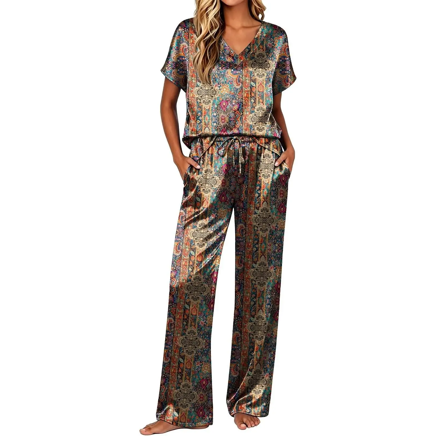 Women's Silky Satin Pajama Set 2 Piece Cap Sleeve V Neck Loungewear with Pockets for Bridal Party Wedding Sleep Lounge