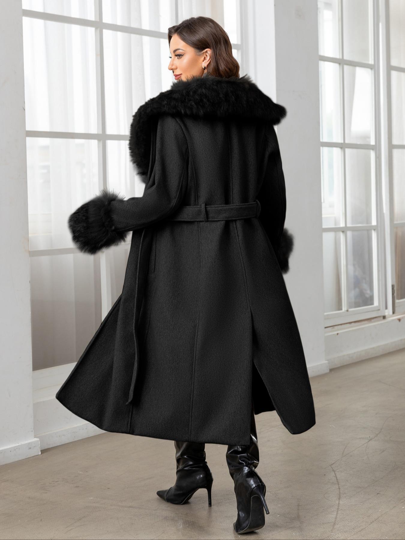 Women's Fall Winter Mid-Length Solid Color Coat, Warm Fitted Coat with Fur Collar, Waist Belt & Pockets, Casual Style, Jackets