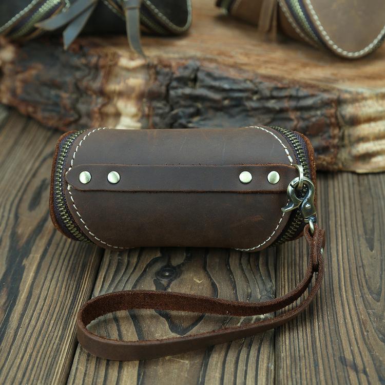 Men’s & Women’s Leather Key Bag, Retro Crazy Horse Leather Zipper Wallet for Car Keys, Card Holder, Stylish Key Organizer, Multi-purpose Keychain for Daily Use, Travel, Gifts