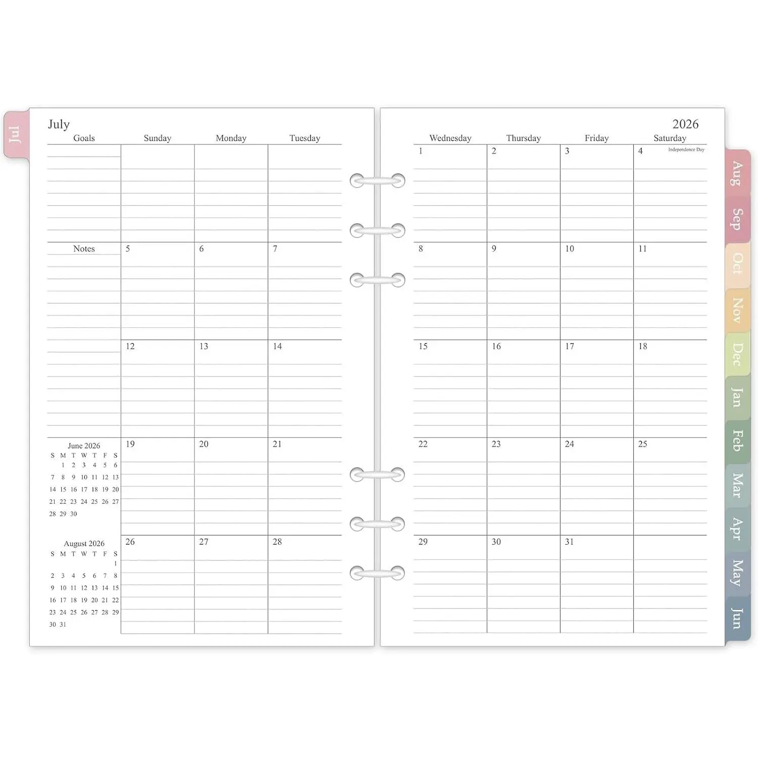 2026-2027 Monthly Planner Refill Jul. 2026 - Dec. 2027 A5 Medium 6-Hole Planner Inserts 5.5"x8.5" 18 Monthly Calendars with Colorful Laminated Tabs 6-Hole Punched