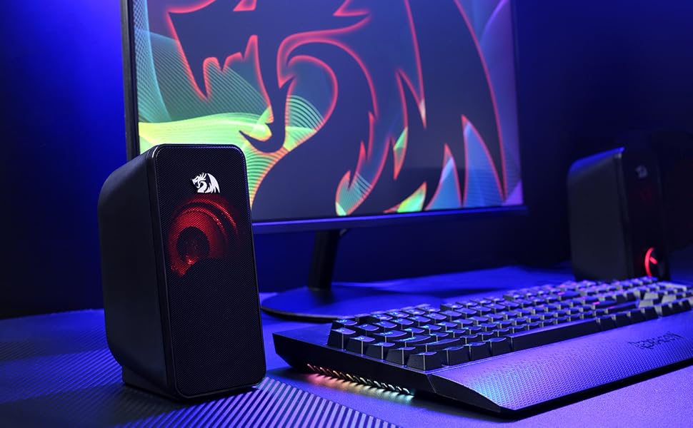 Redragon GS500 Stentor PC Gaming Audio Speaker, 2.0 Channel Stereo Desktop Computer Speaker with Red Backlight, Quality Bass and Crystal Clear Sound, USB Powered with a 3.5mm Connector