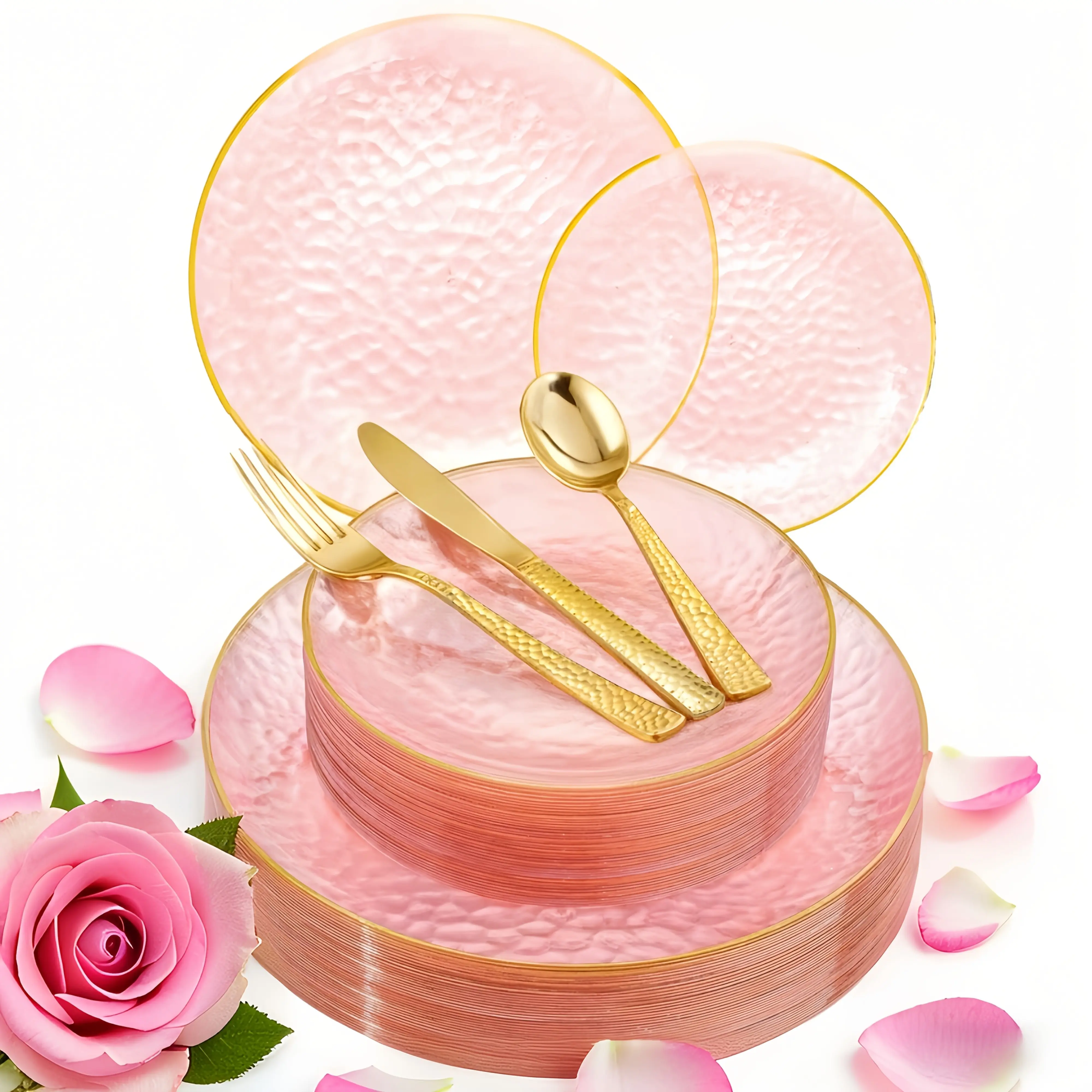 50pcs Transparent Pink Plastic Plate Set, Hammered Pattern Disposable Plates, Including 10 Dinner Plates, 10 Dessert Plates, 30 Plastic Silverware Sets, Suitable for Weddings, Valentine's Day, Birthdays, Gatherings, Parties