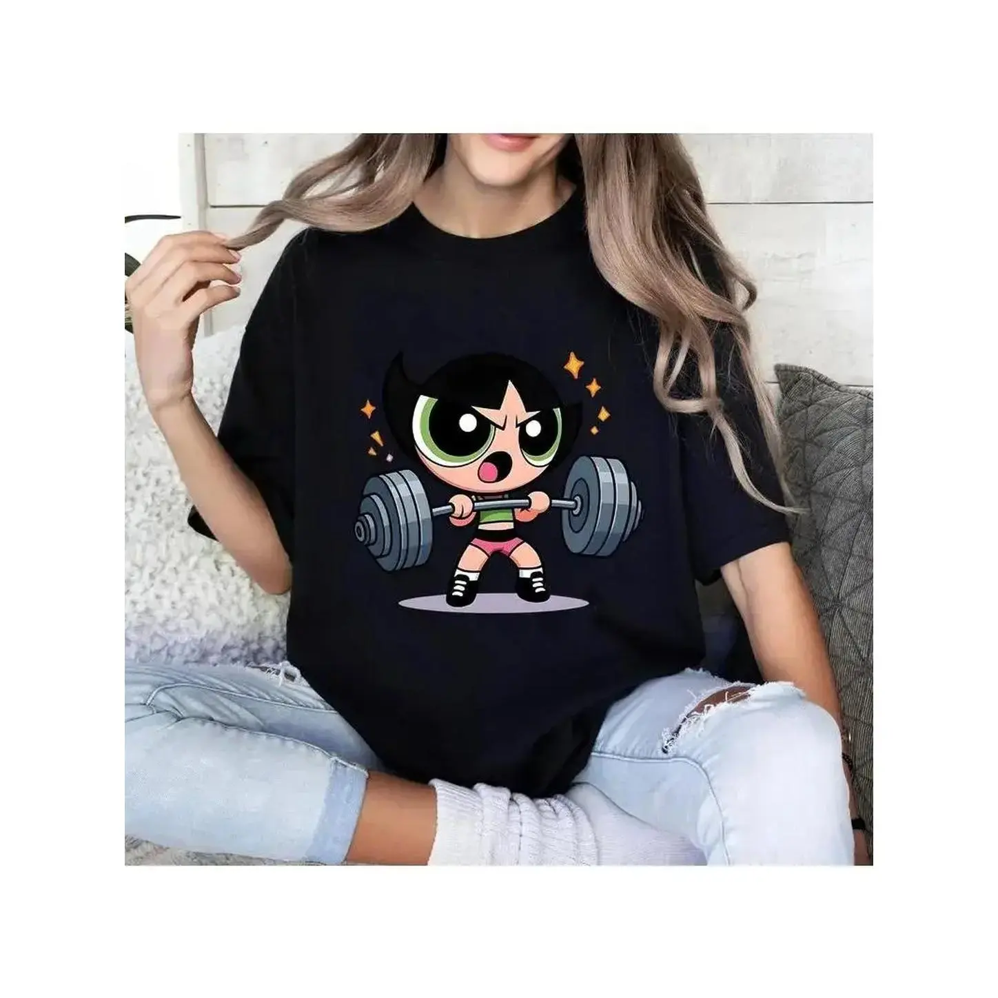 Unisex Powerpuff Girls Bubleess Vintage Gym Girl T-shirt, Cartoon Character Shirt, Fitness Workout Shirt, Weightlifters, Bodybuilding Shirt, Basic Comfort Tshirt Casual, Women, Streetwear,  Cotton