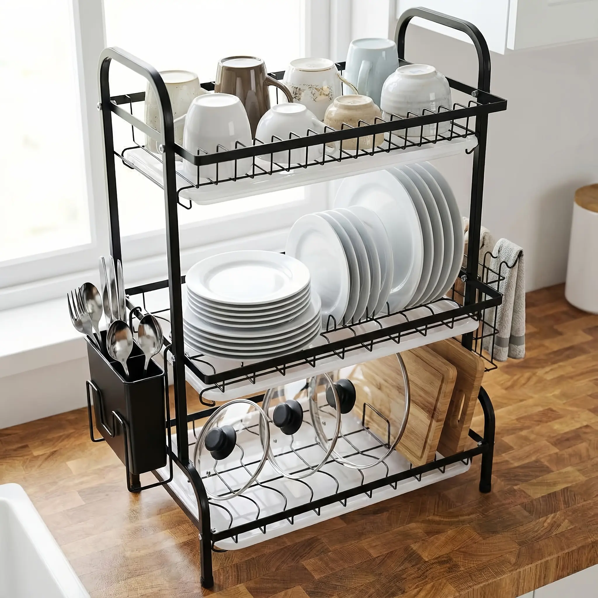 Over The Sink 3-Tier Dish Drying Rack with Drain Tray, Chopsticks Rack & Knife Holder – Kitchen Sink Organizer Shelf for Countertop Organization