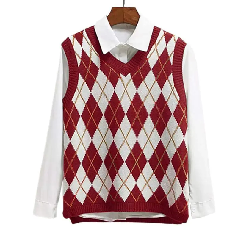 Women's V Neck Knit Sweater Vest Argyle Plaid Preppy Style Sleeveless Crop Knitwear Tank