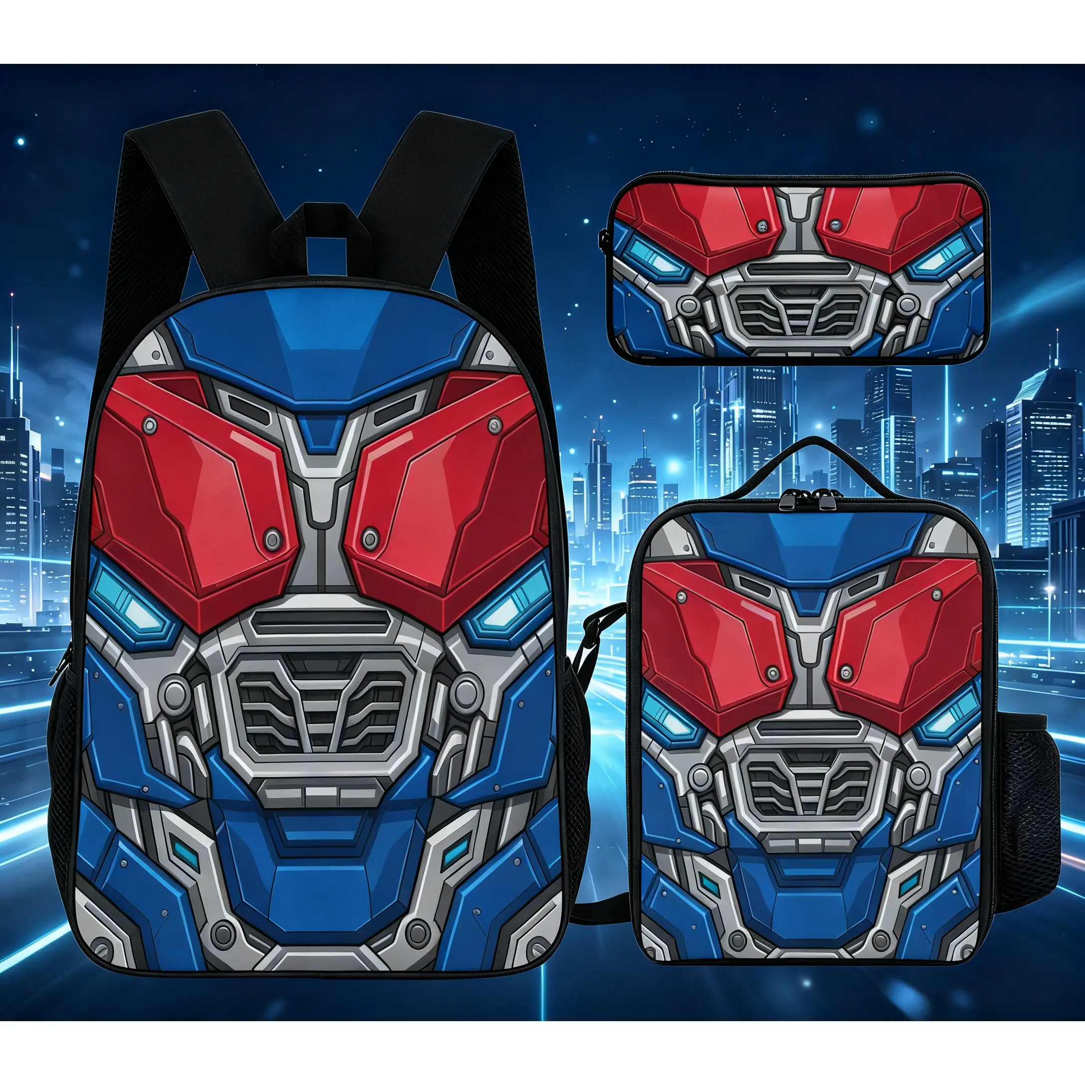 Robot Transformer Look Printed Backpack Set Pack, Blue-Red Mechanical Face Design, School & Travel Bag for Kids Students
