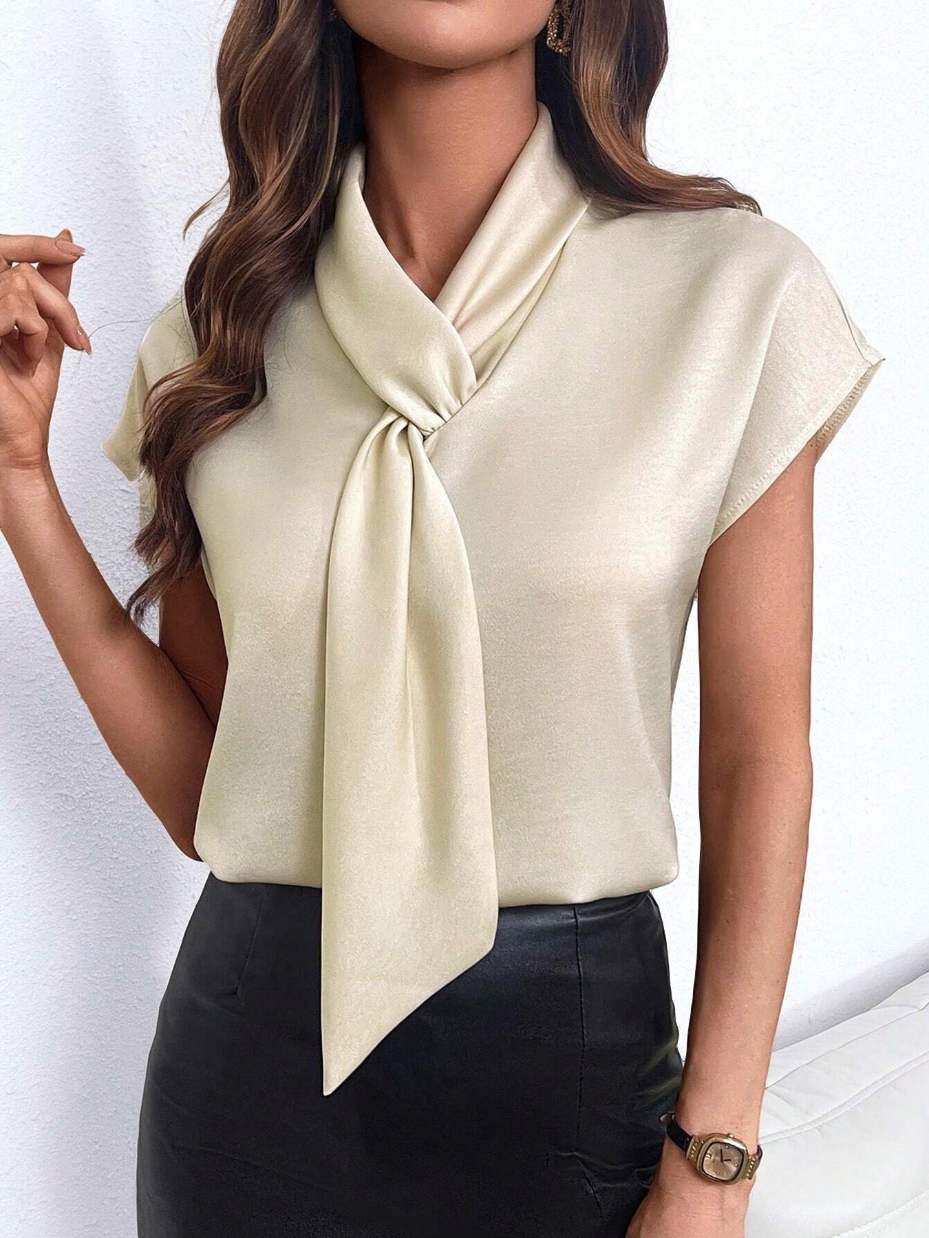 Women's Solid Color Blouse, Casual Elegant Short Sleeve Top for Office Work Business, Ladies Summer Clothes