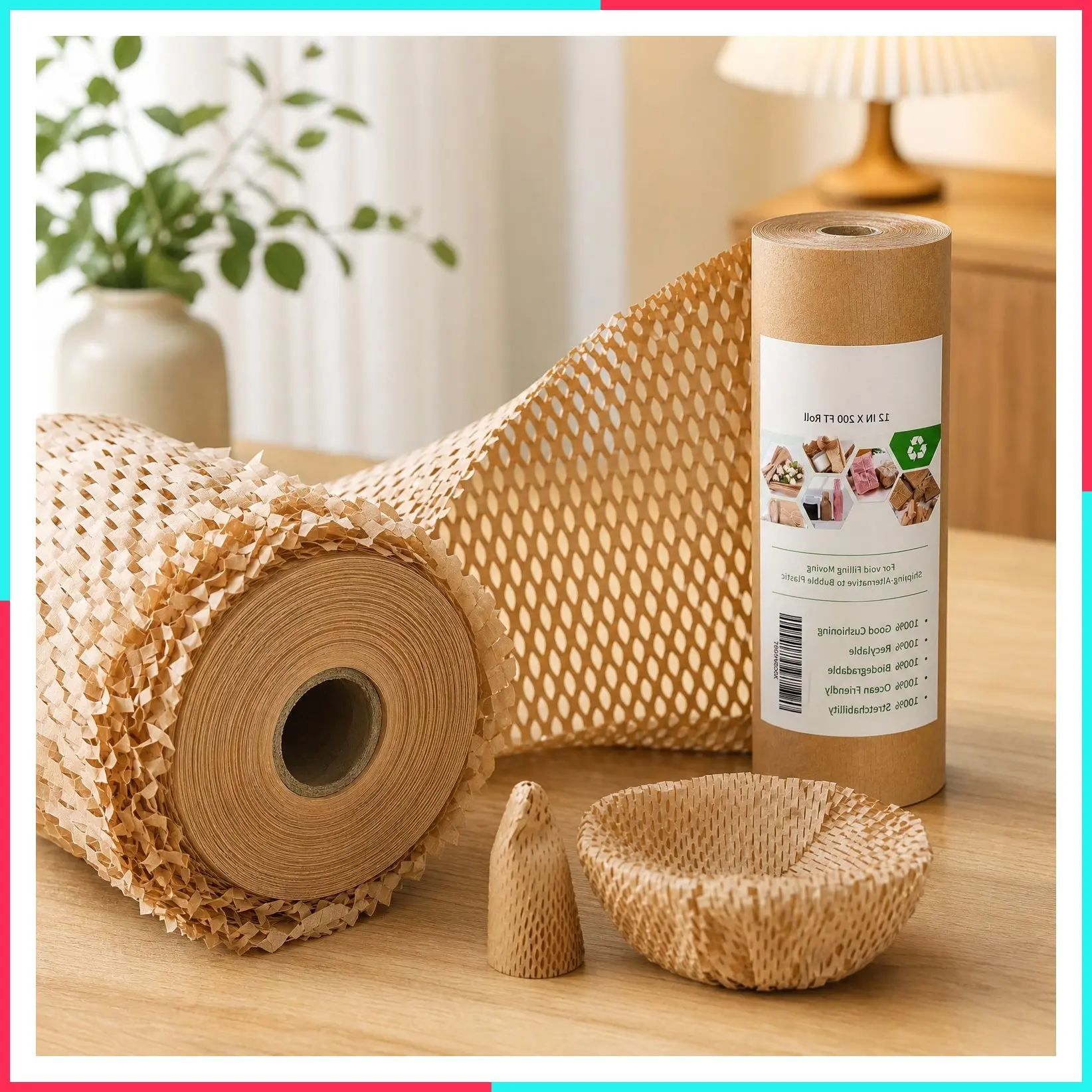 12 inch x 200 ft Honeycomb Packing Paper, Recyclable Biodegradable Bubble Cushioning Wrap for Moving, Shipping, Gifts, with 20 Fragile Sticker Labels