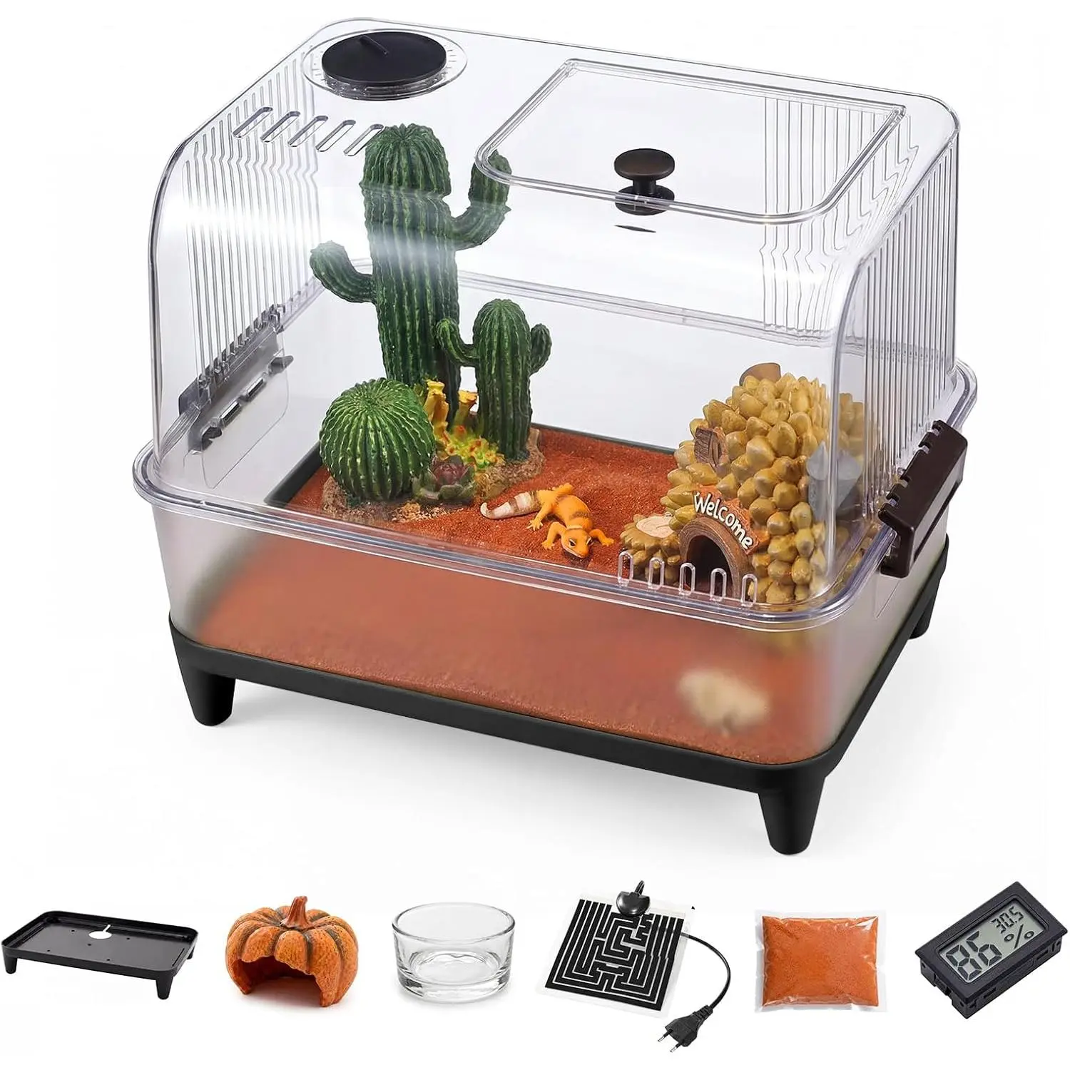 Reptile Tank Starter Kit, Reptile Terrarium Kit, Acrylic Small Reptile Habitat with Lid, Heating Pad, Hygrometer, Bowl,Hide, Sand for Reptiles,Tarantula,Lizards,Frogs,Geckos,or Hermit Crabs