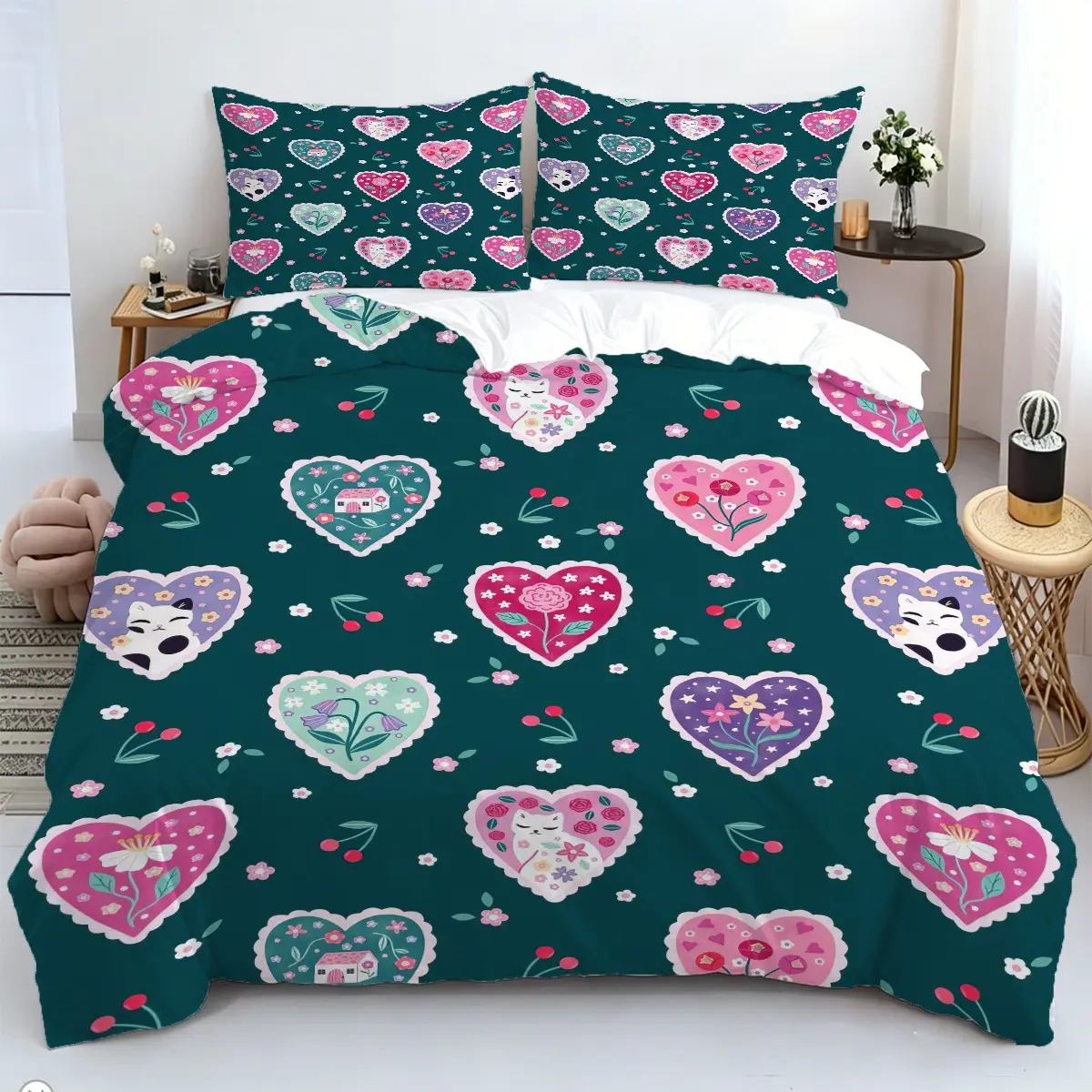 2/3pcs Cute Heart Cat Print Duvet Cover Set, Aesthetic Floral Cherry Design Bedding Set, Soft Breathable Microfiber Fabric, Easy Care Comforter Cover Set, Includes 1 Or 2 Pillowcase-No Filling/Zipper Closure,Suitable For Bedroom Decor For Child And Girls