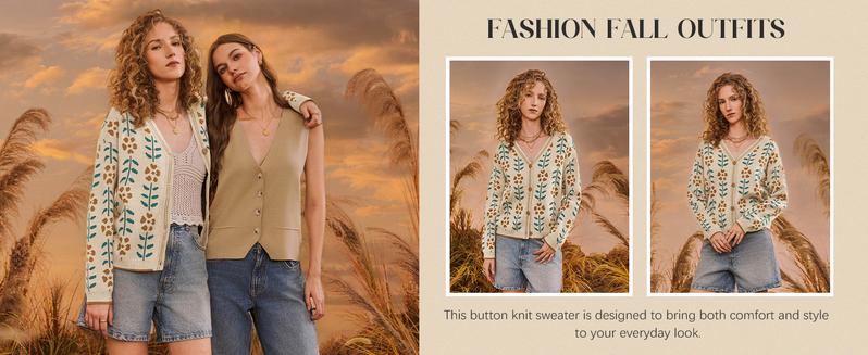 Saodimallsu Womens Floral Print V Neck Cardigan Open Front Button Down Knit Sweater Long Sleeve Loose Fashion Tops