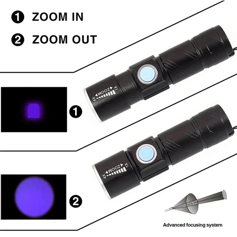 395nm UV Flashlight, 1 Counts USB Rechargeable Zoomable Ultraviolet Light, Pet Cat Moss Urine Detection Light, Outdoor Camping Fishing Light, LED Flashlight