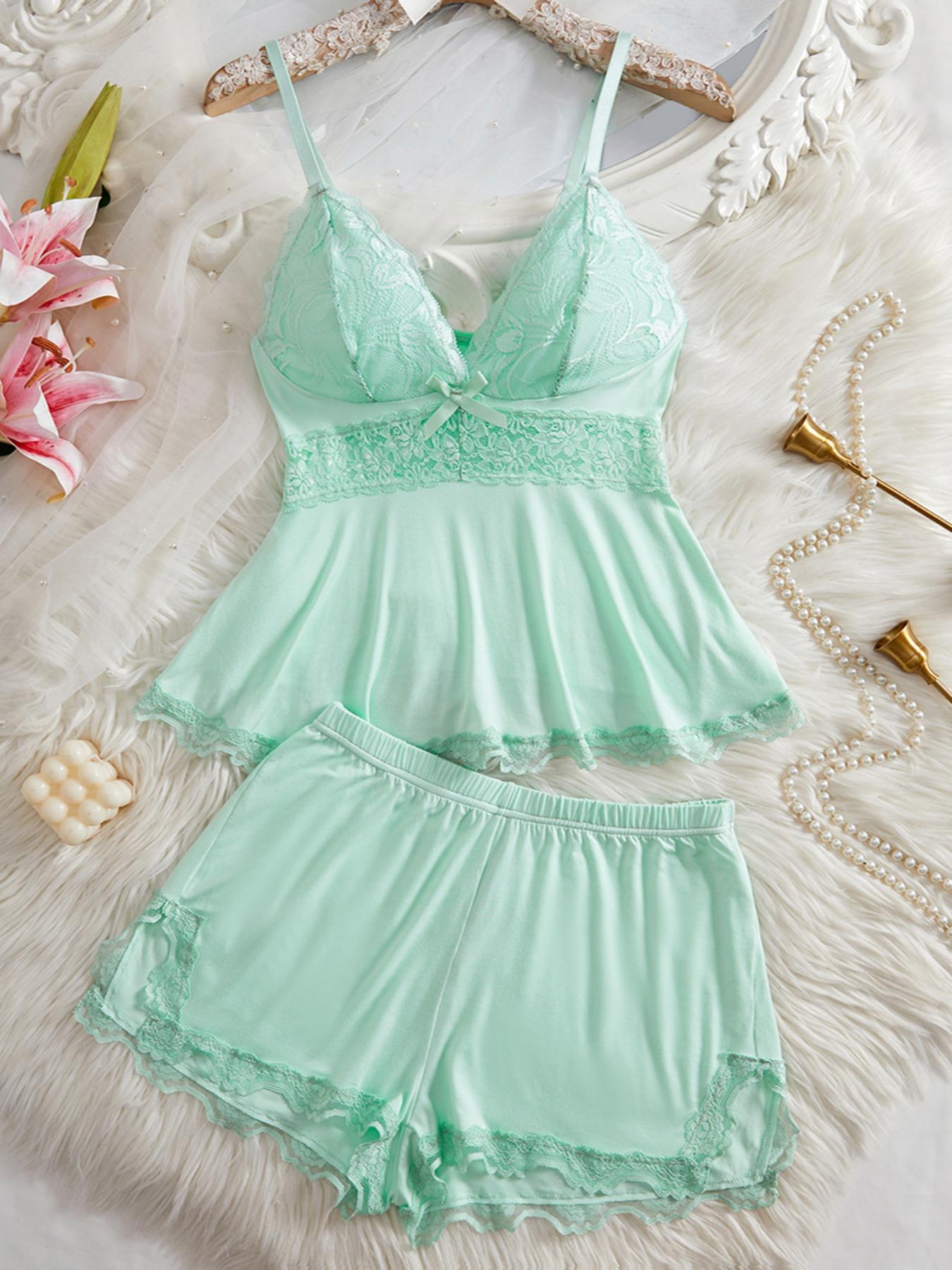 Women's Solid Color Lace Trim Cami Top & Shorts Pyjama Two-piece Set, Casual Comfy Camisole & Shorts Lingerie Set, Women's Sleepwear for All Seasons