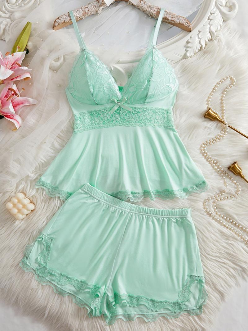 Women's Solid Color Lace Trim Cami Top & Shorts Pyjama Two-piece Set, Casual Comfy Camisole & Shorts Lingerie Set, Women's Sleepwear for All Seasons