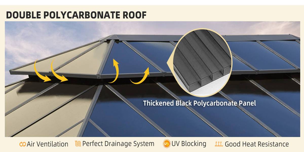 12'×20' Hardtop Gazebo, Faux Wood Grain Aluminum Outdoor Gazebo, Vertical Stripe Polycarbonate Double Roof, Curtains and Netting, Permanent Gazebo 12'×20' Hardtop Gazebo, Faux Wood Grain Aluminum Outdoor Gazebo, Vertical Stripe Polycarbonate Double Roof, Curtains and Netting, Permanent Gazebo