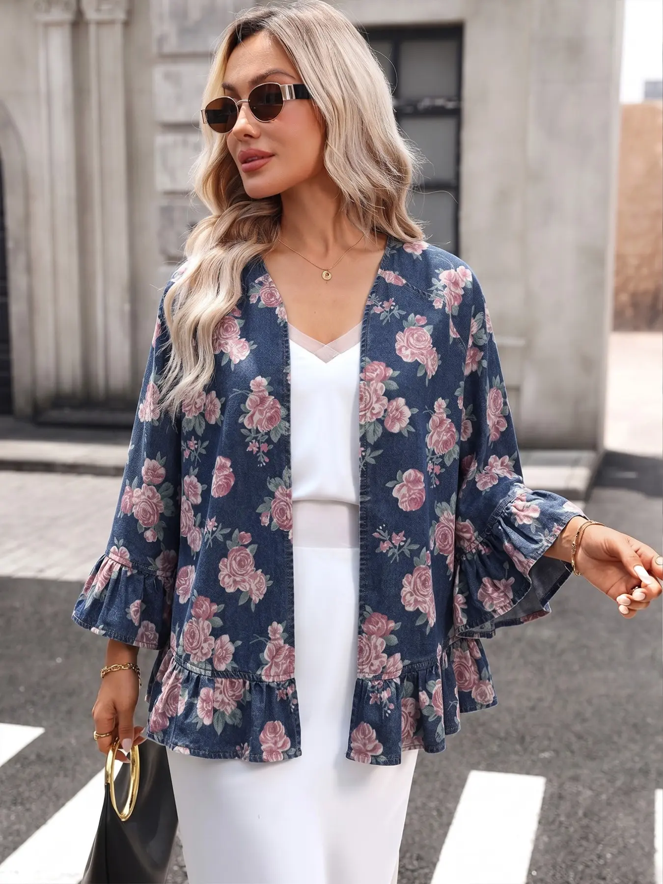 Women's Floral Print Denim Jacket, Three-Quarter Bell Sleeve V Neck Loose Fit Vintage Rose Print Lightweight Denim Cardigan, Casual Outerwear Coats