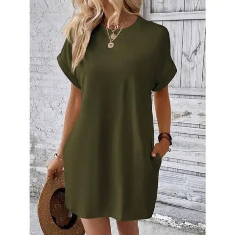 Lightweight Women's Casual T-Shirt Dress Short Sleeve Crew Neck Loose Fit Tunic Dress with Pockets Spring Summer Solid Color Relaxed Sundress Comfy Plus Size Inclusive Everyday Basic Loungewear Beach Cover Up Vacation Outfit Wrinkle Resistant Lightweight