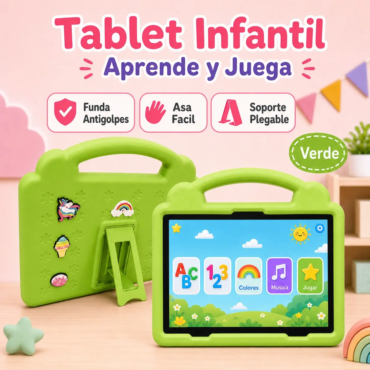 10.1 Inch Kids Tablet, 4GB RAM 64GB ROM, Android 12, Dual Camera, Kid-Proof Case with Handle, WiFi Learning Tablet for Toddlers, Holiday Gift