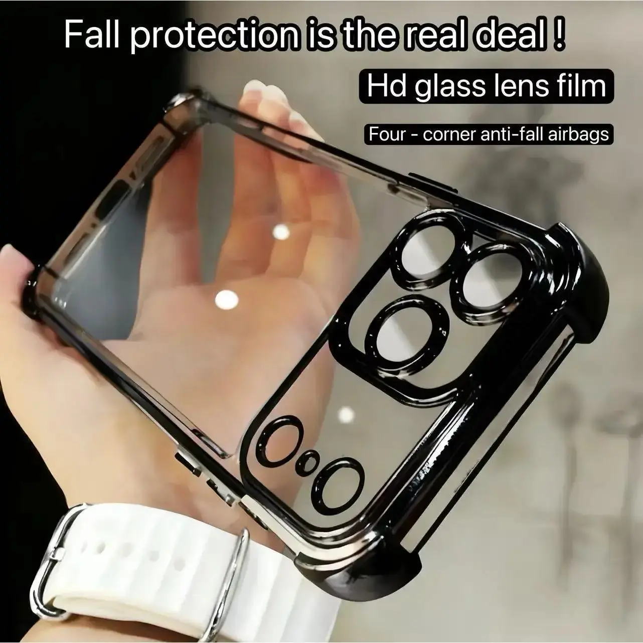 Four-corner anti-fall transparent mobile phone case, frame electroplating, mobile phone case with anti-fall safety pad, suitable for iPhone17promax, iPhone16 15 14 13 12 11promaxplus, sturdy and thickened mobile phone case