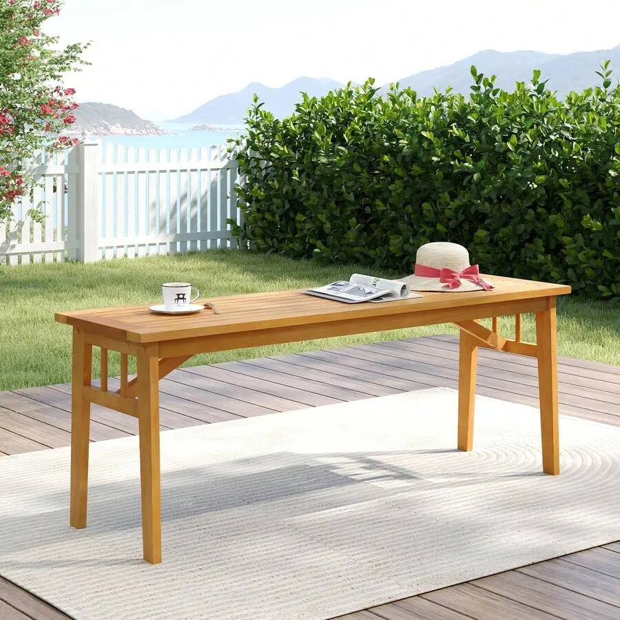 Solid Wood Acacia Outdoor Backless Bench, 48" Length, Slatted Seat, Natural Look